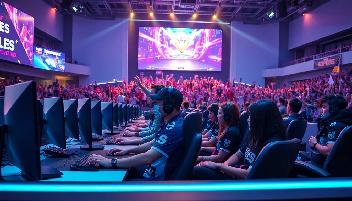 esports players competing in a high-tech arena setting.