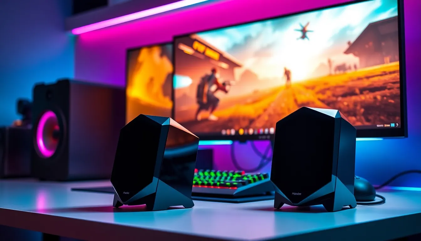 modern gaming setup with quality speakers and gaming equipment.