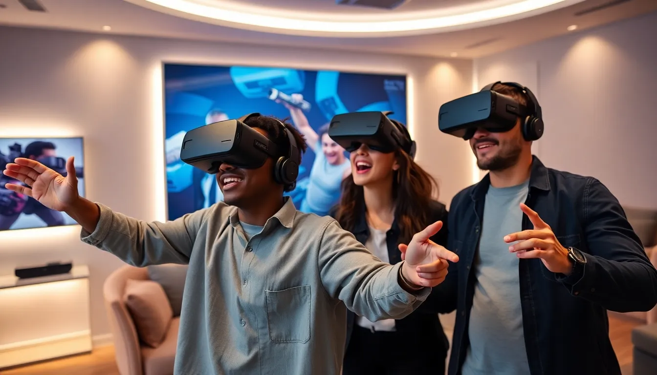 diverse gamers enjoying a VR experience in a modern gaming setup.