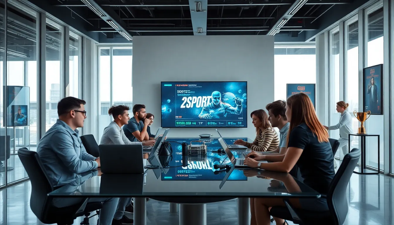 diverse esports team discussing strategies in a modern conference room.