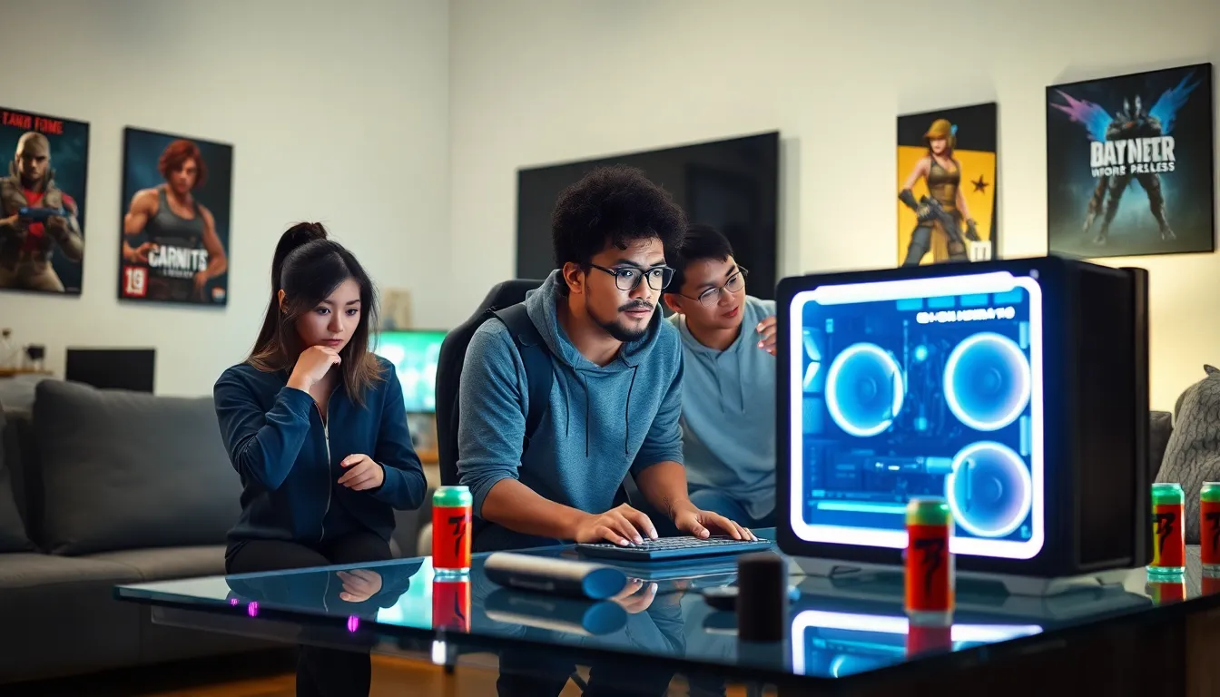 three gamers frustrated by a PC freeze during a gaming session.
