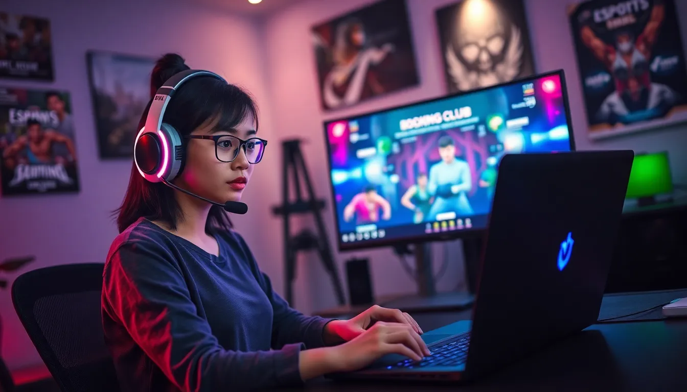 gamer at a modern gaming setup with Esports Boxing Club display.
