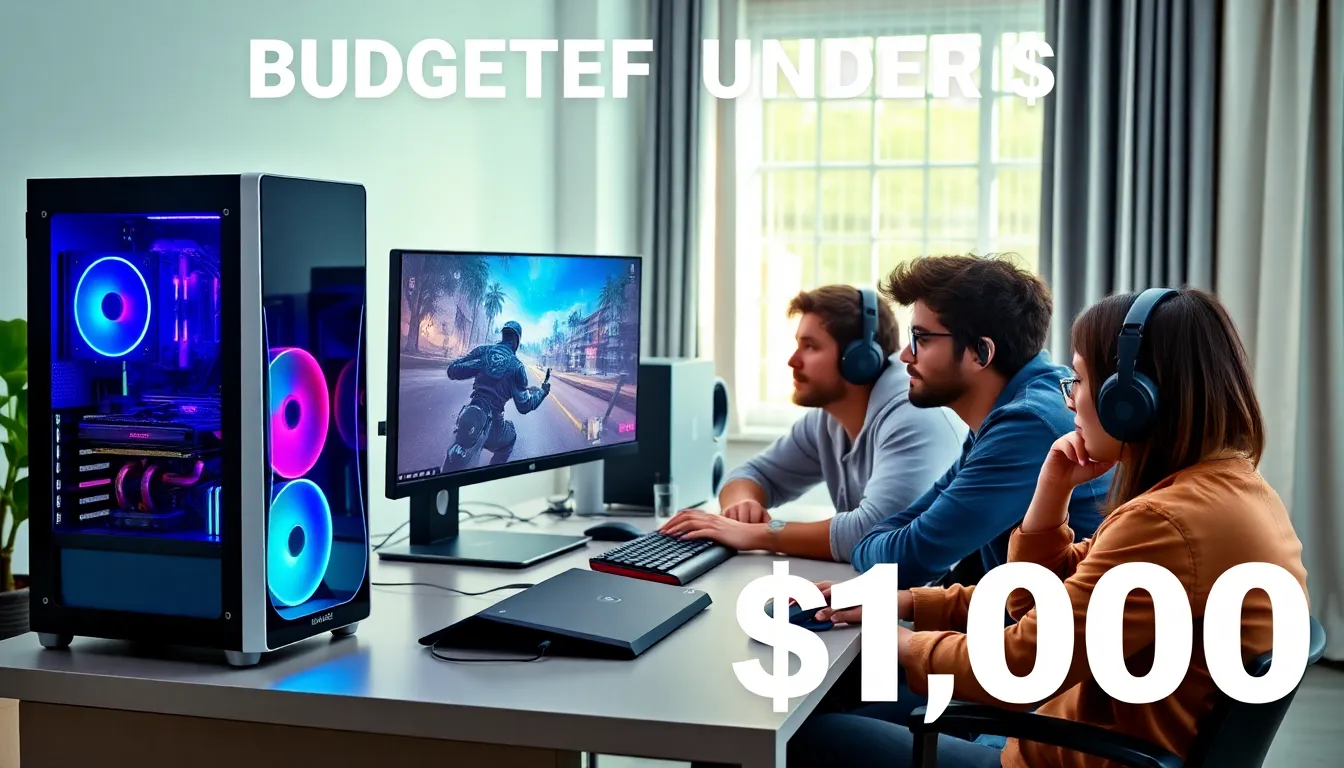 modern gaming setup with a budget-friendly PC and diverse gamers.