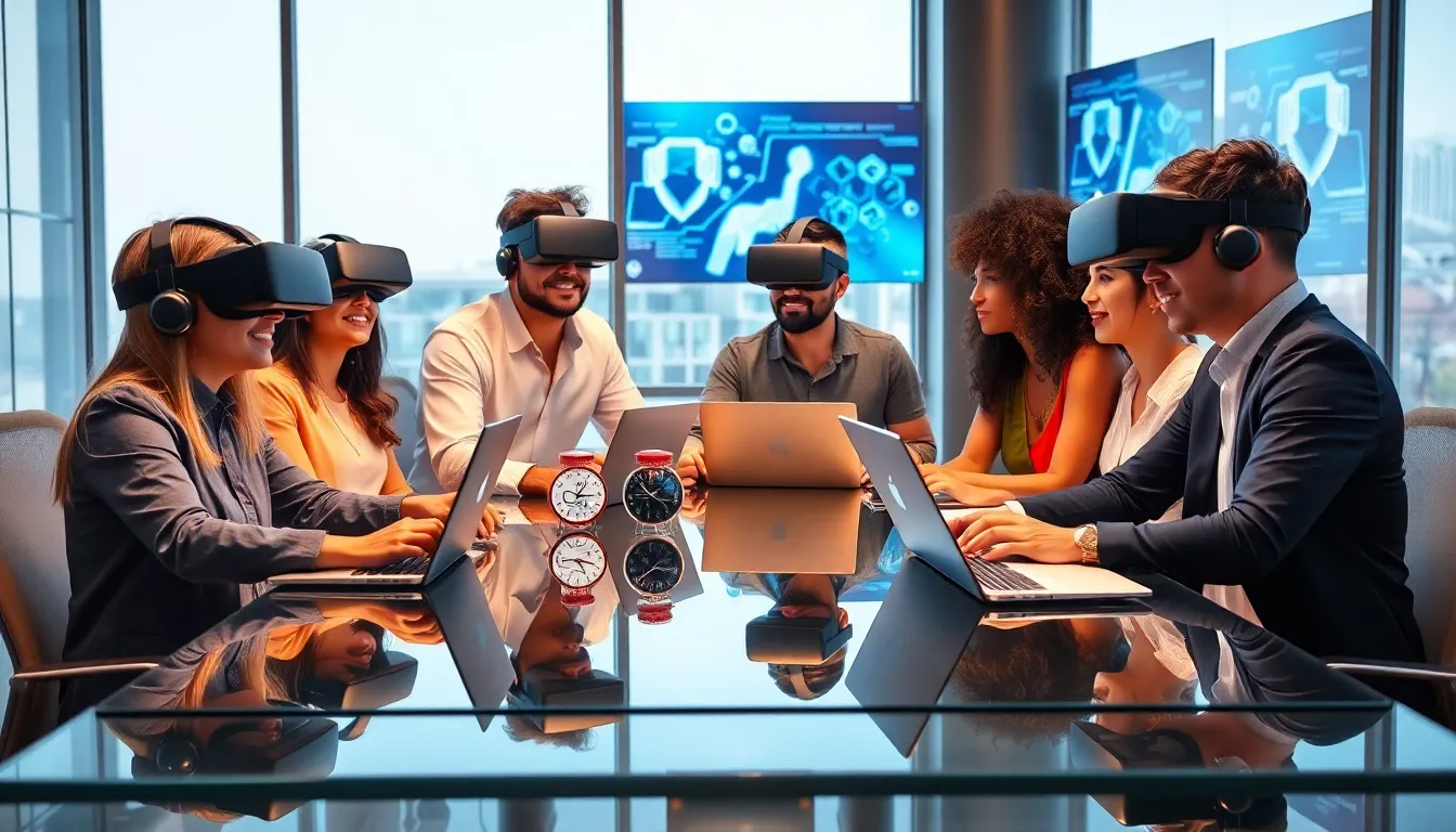 diverse team in a modern office discussing VR gaming development.