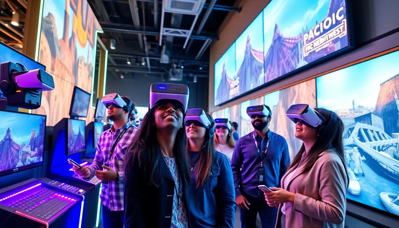 diverse people enjoying VR gaming in a modern Seattle arcade.