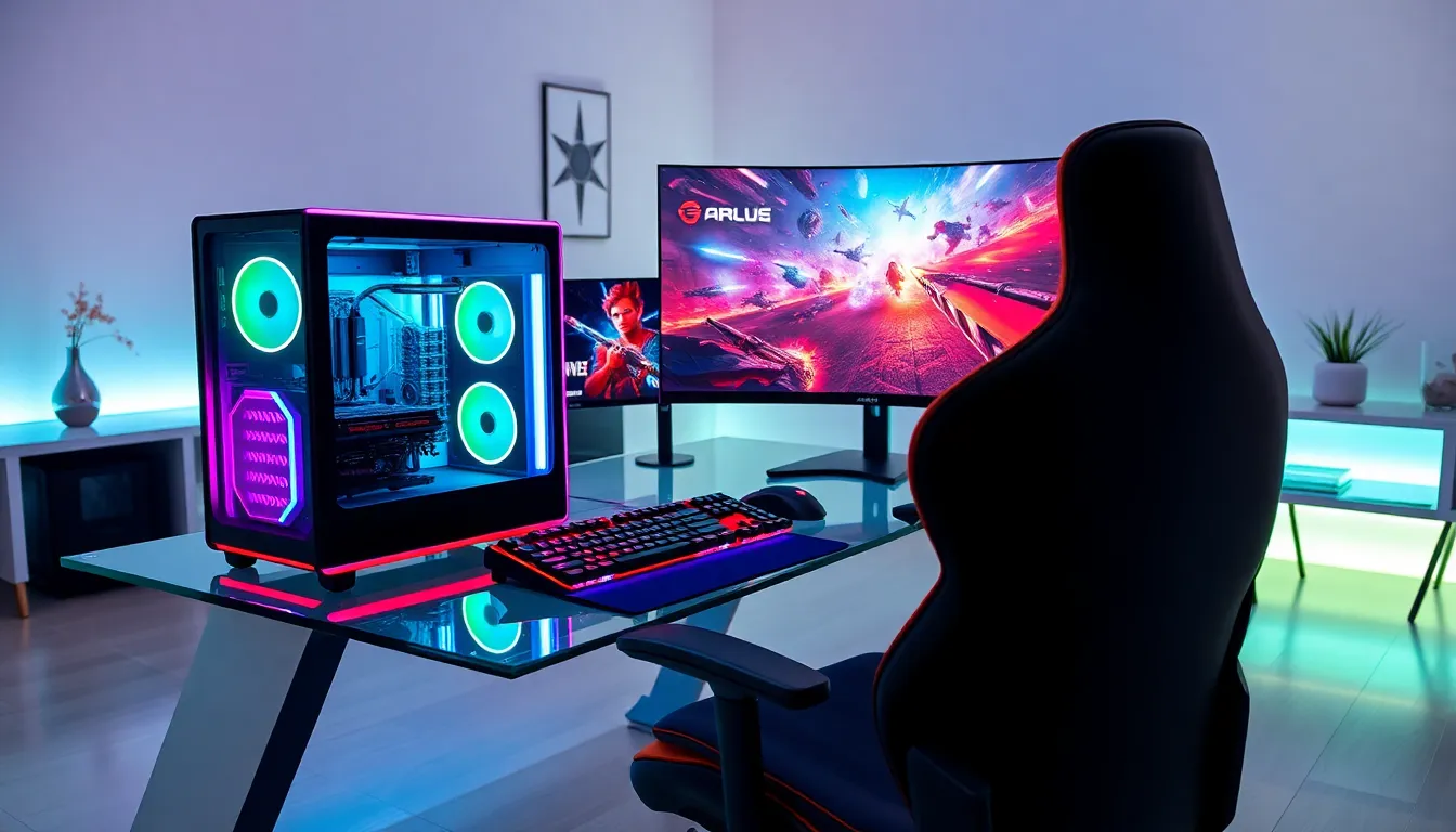modern gaming PC setup with stylish peripherals and a curved monitor.