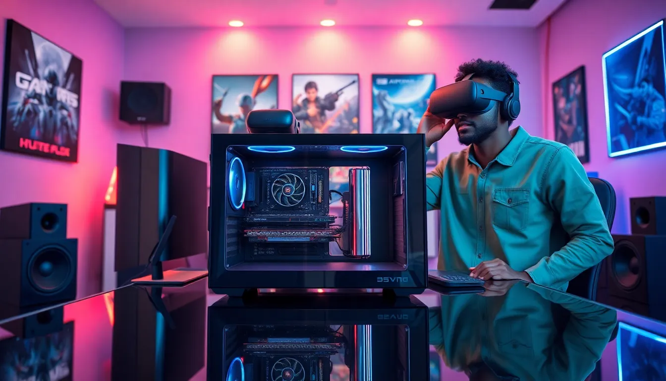 diverse gamers in a modern room with VR headsets and a powerful gaming PC.