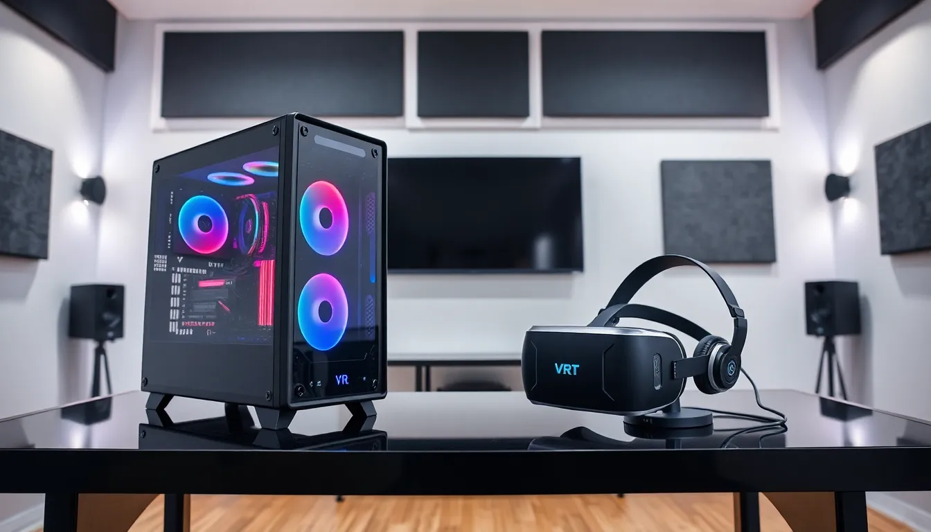 modern gaming PC setup with VR headset in a stylish room.