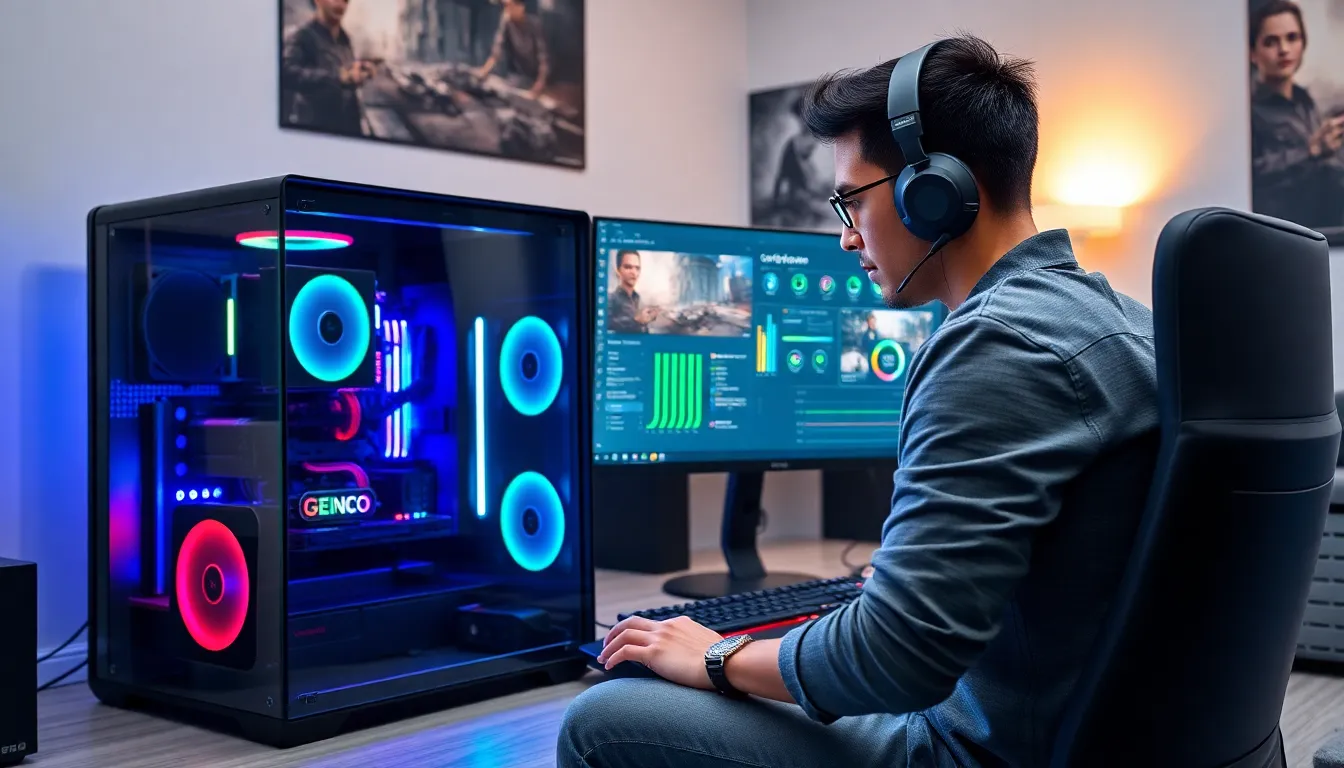gamer optimizing a high-performance PC setup in a modern room.
