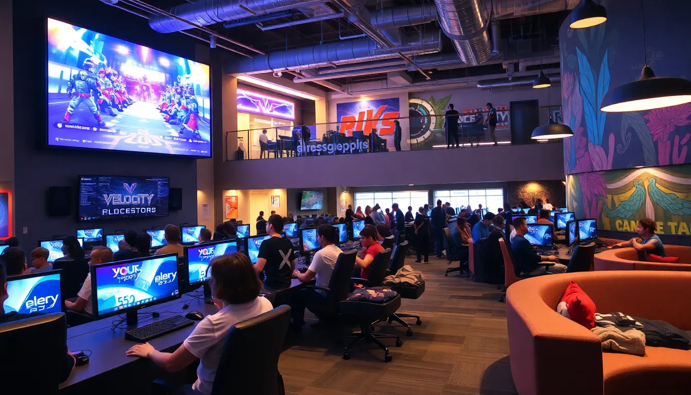 diverse gamers competing in a vibrant esports venue.