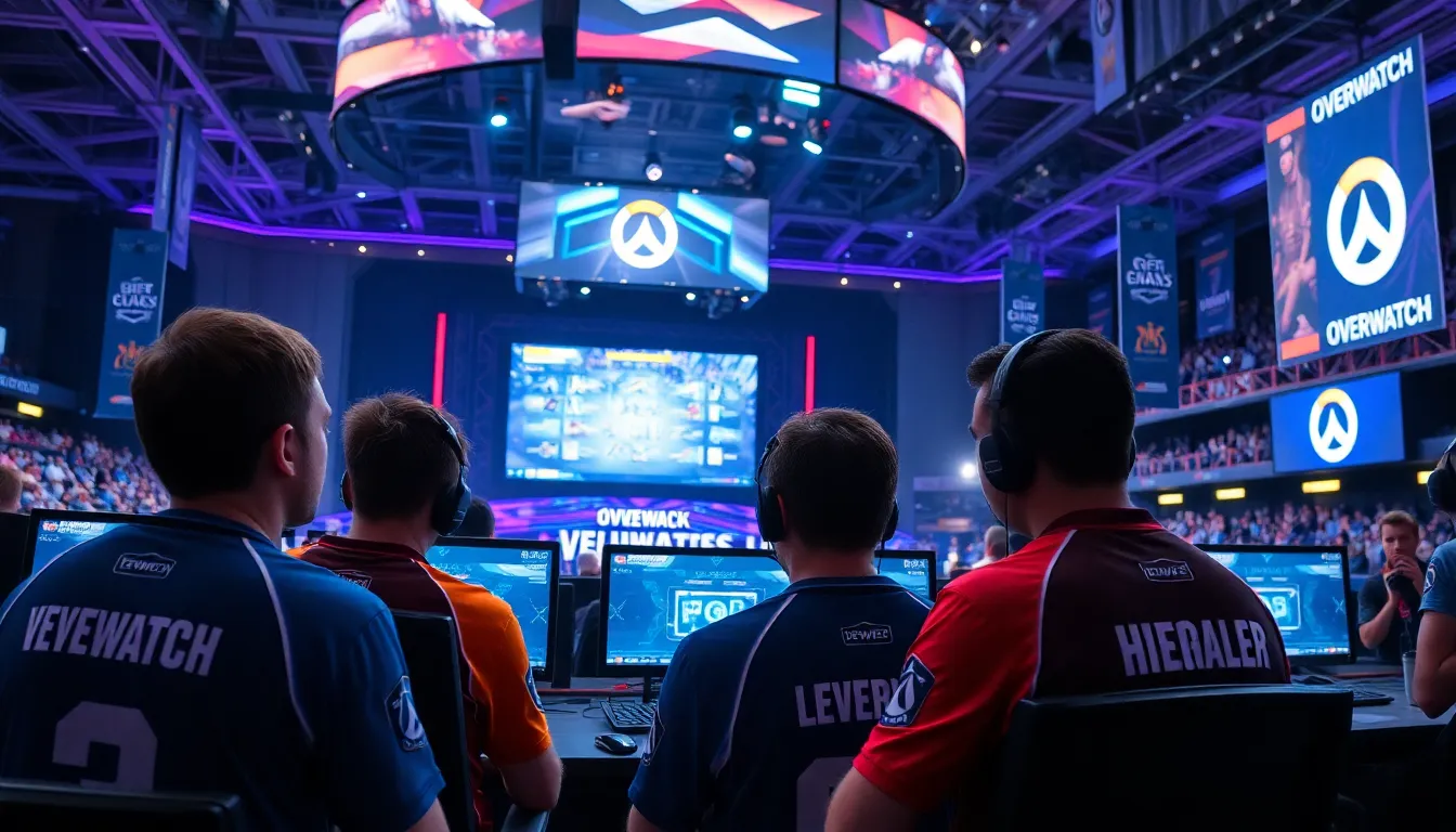 diverse esports team strategizing in a vibrant arena.
