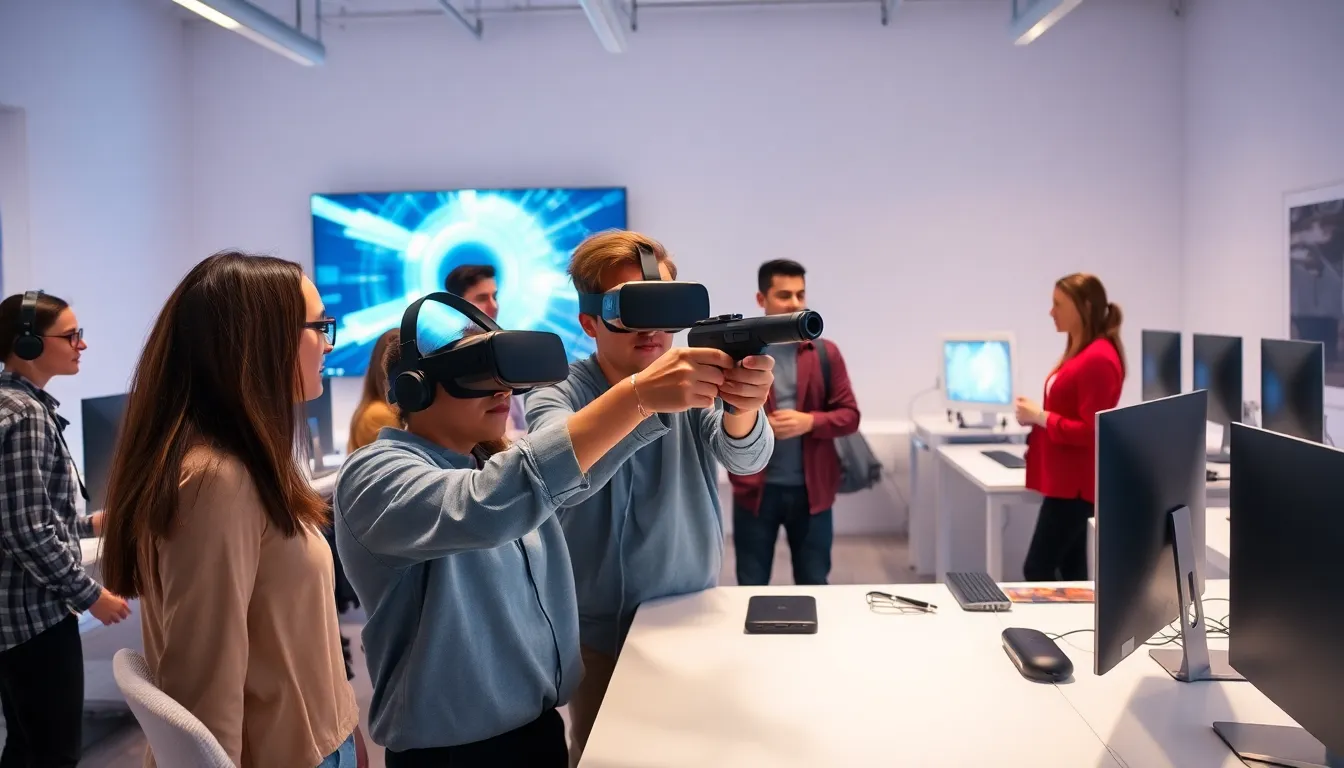 group discussing VR technology in a bright, modern gaming studio.